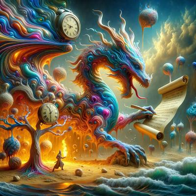The primary subject of the image is a dragon, which is depicted in a vibrant and colorful manner. The dragon is surrounded by various objects, including a clock, a book, and a tree. The setting appears to be a fantasy world, with the dragon standing on a beach near the ocean. The visual style of the image is digital art, which adds to the overall atmosphere of the scene. The dominant colors in the image are blue, green, and orange, creating a lively and imaginative environment